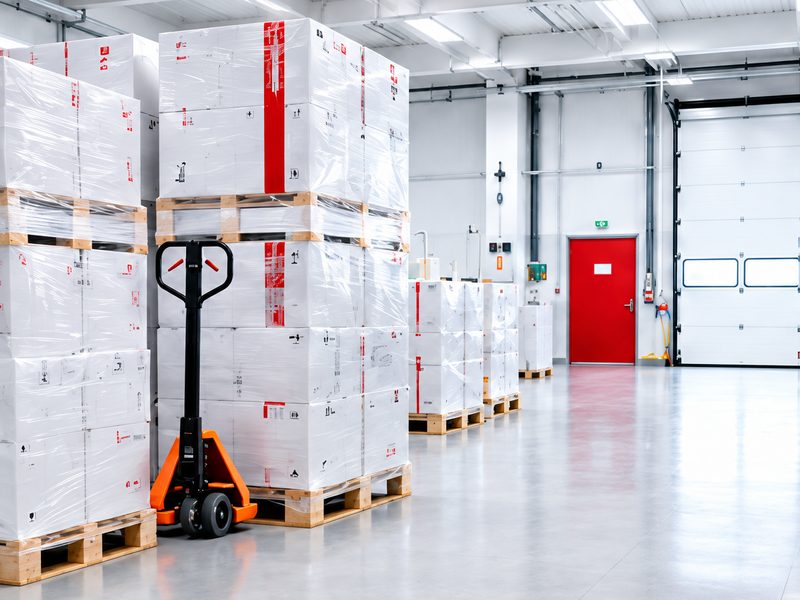 Bulkware in Kartons auf folierten Paletten im Lager