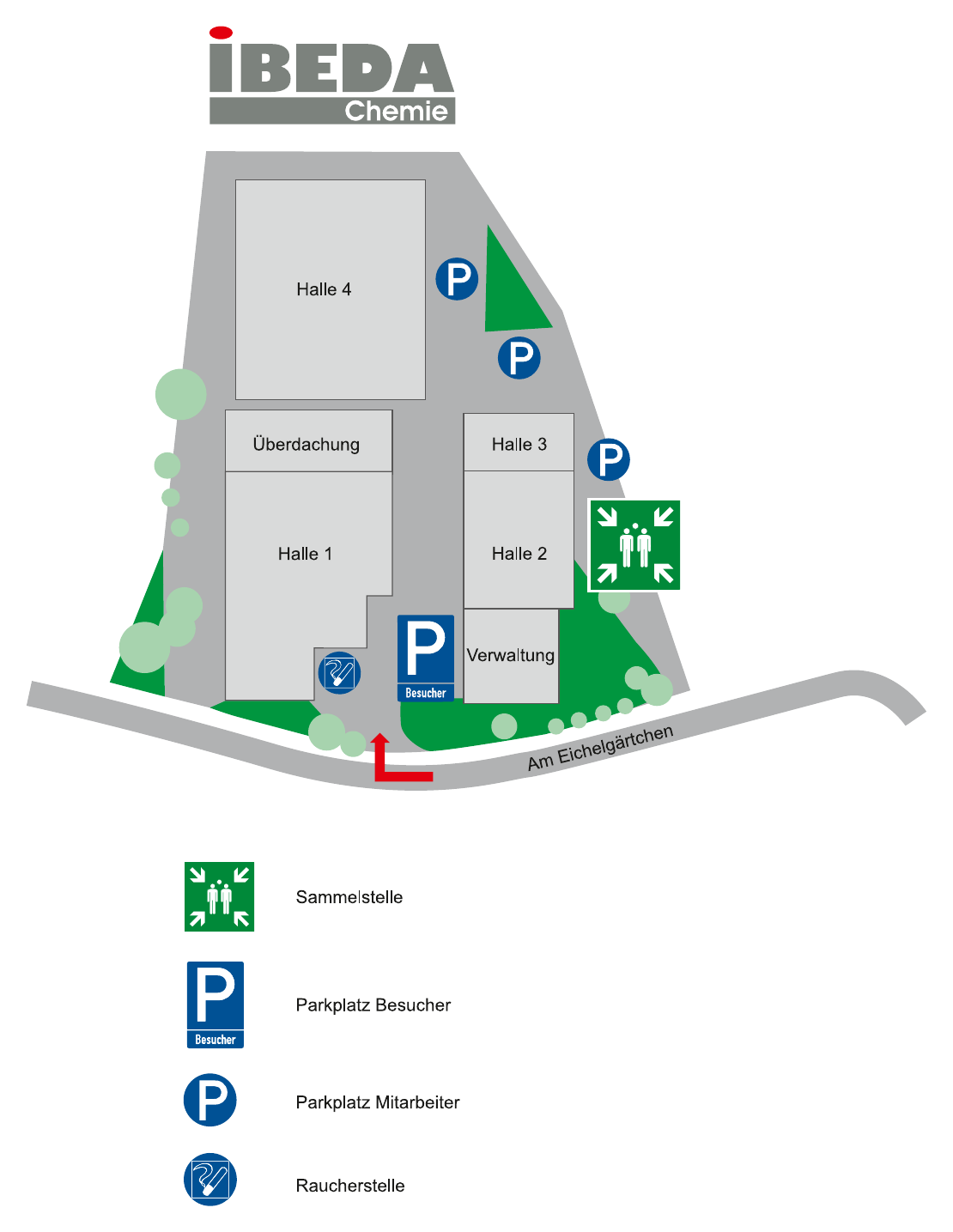 Lageplan des IBEDA-CHEMIE Firmengeländes mit Hallen, Verwaltung, Besucher- und Mitarbeiterparkplätzen sowie Sammelstelle