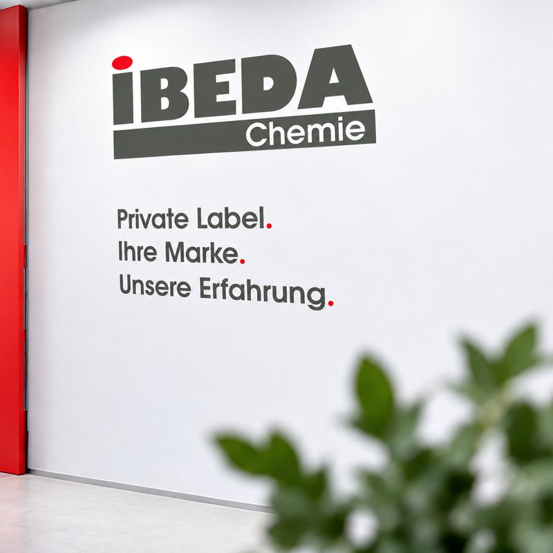 Wandschriftzug bei IBEDA-CHEMIE: Private Label. Ihre Marke. Unsere Erfahrung.