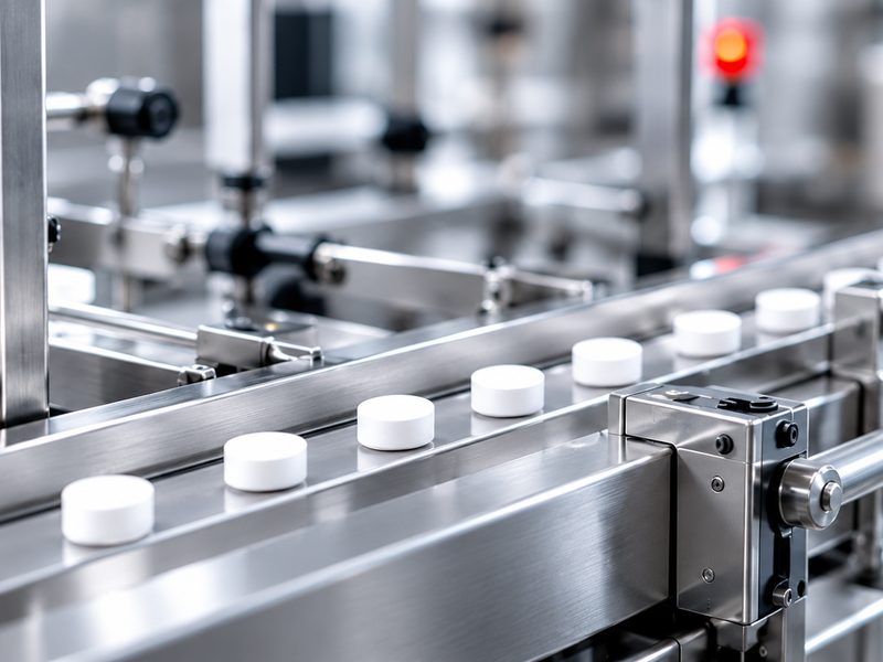 Reinigungstabletten auf dem Förderband in der Produktion