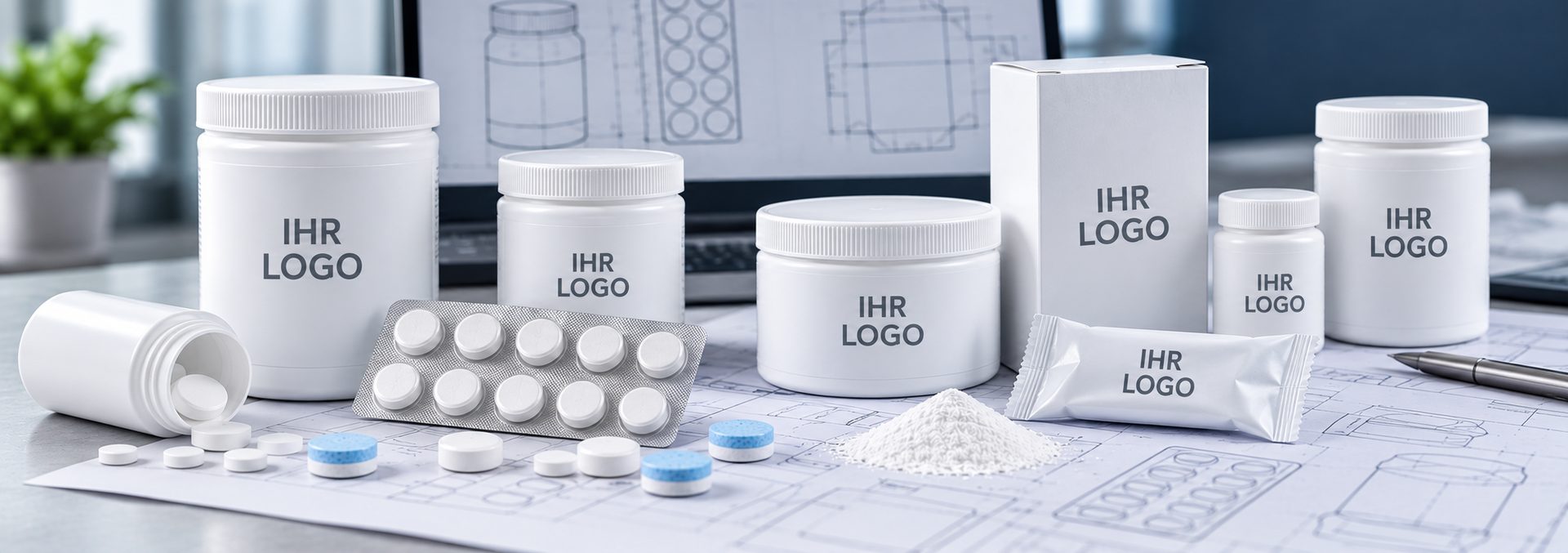 Dosen, Blister, Faltschachteln und Flowpacks mit Platzhalter „Ihr Logo“ auf dem Entwurfstisch